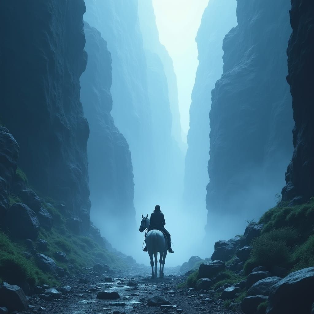 Fantasy Adventurer Rides Through Misty Blue Canyon