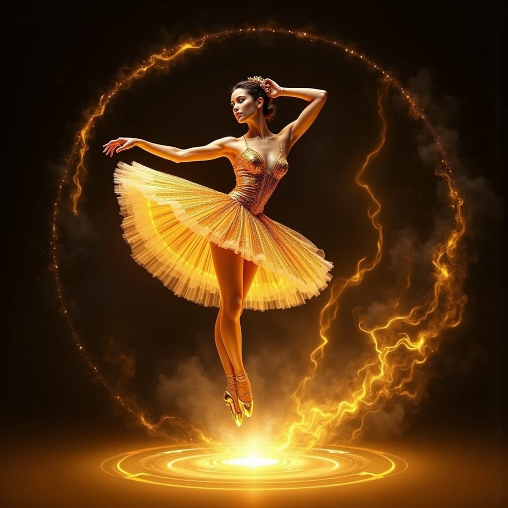 Ballerina in Golden Light on Glowing Sphere