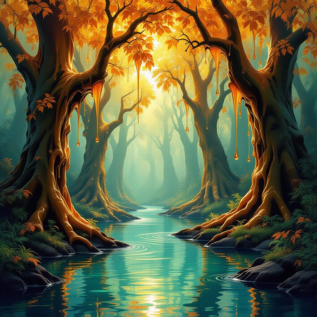 Enchanted Honey Forest with Amber Leaves