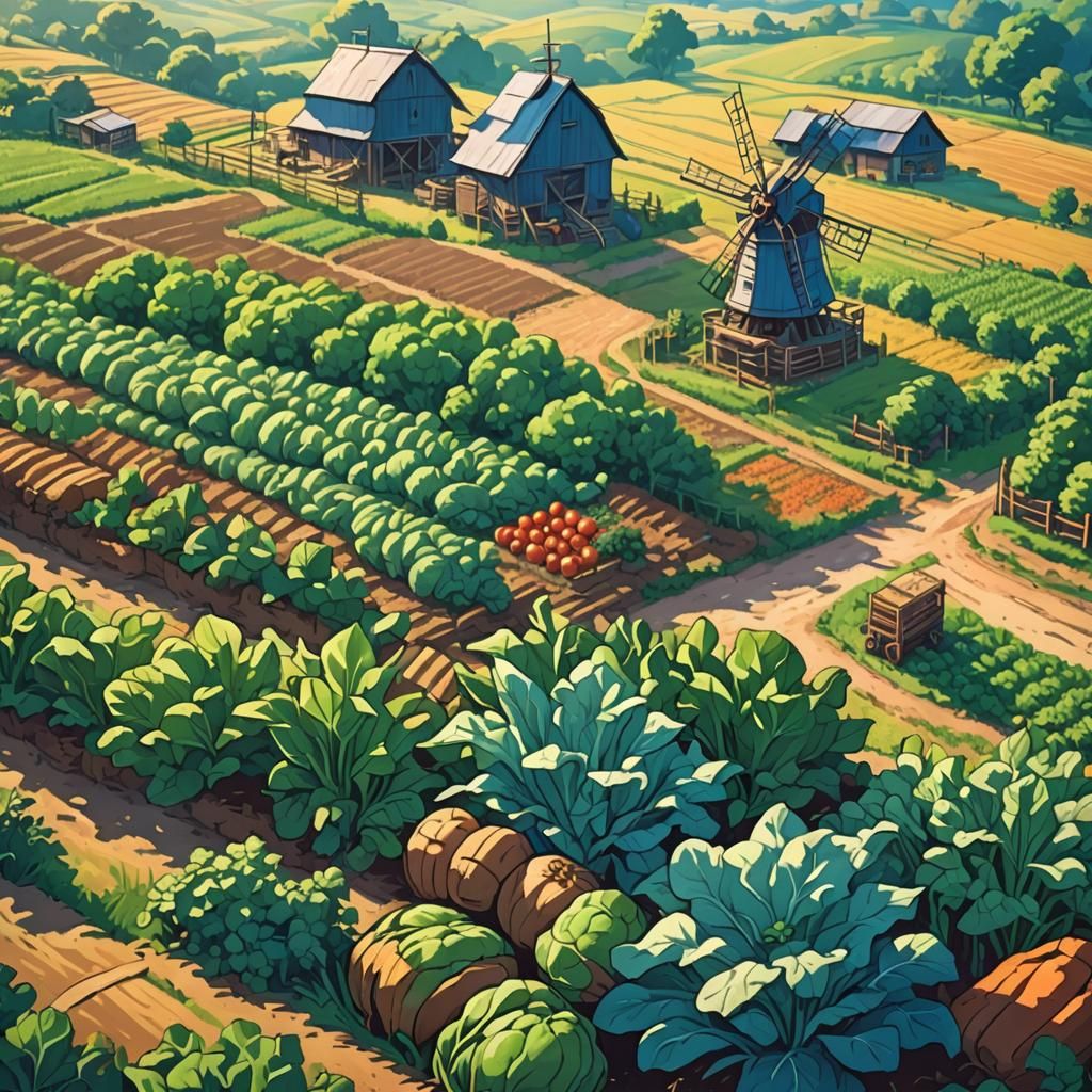 Sunlit Farm with Windmills in Anime Style