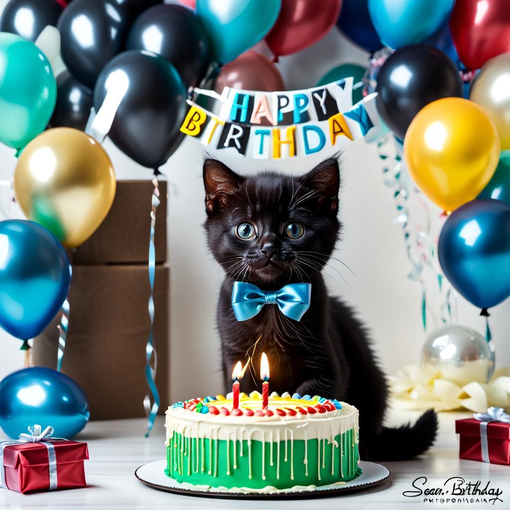 Black Kitten Celebrates Birthday with Cake