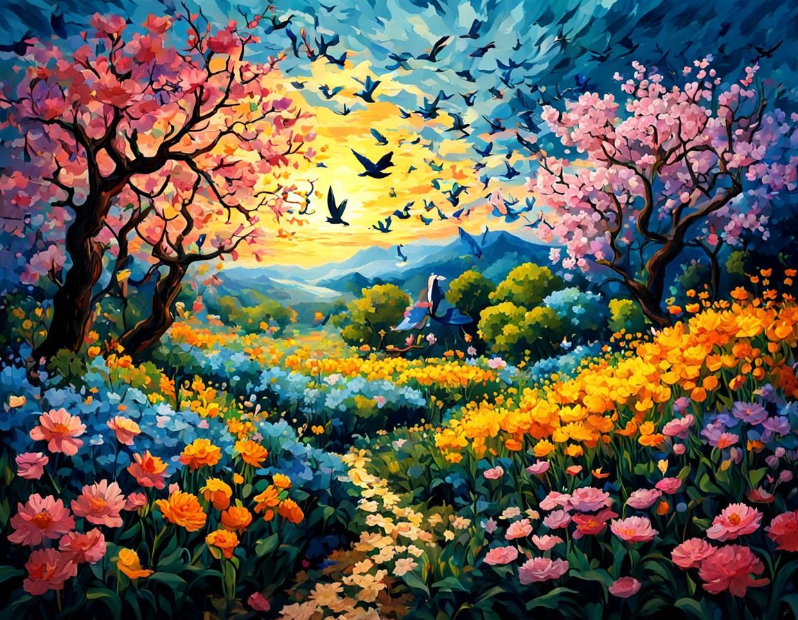 Radiant Sunrise with Flowers and Birds in Post-Impressionist...