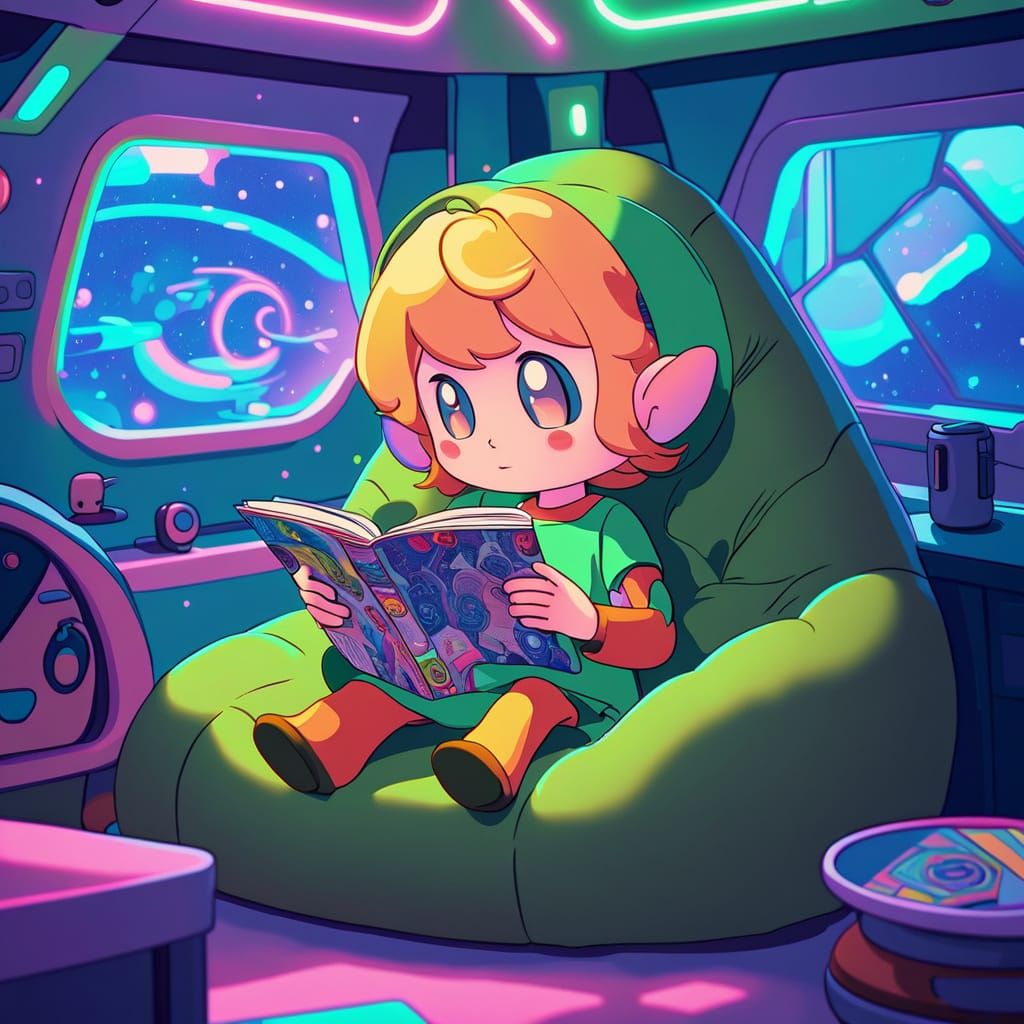 Chibi Link Relaxing in Spaceship Cabin in Anime Style