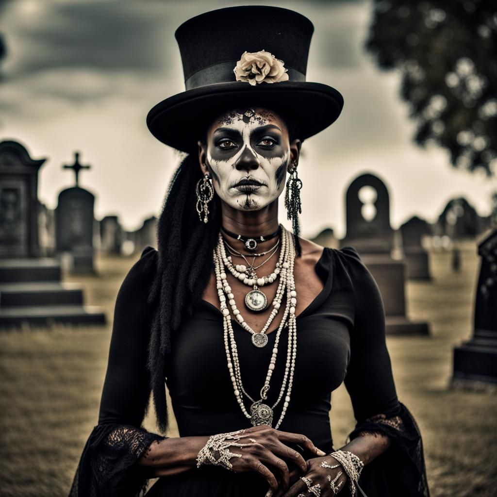 Voodoo Woman Conjuring Spirits in Graveyard