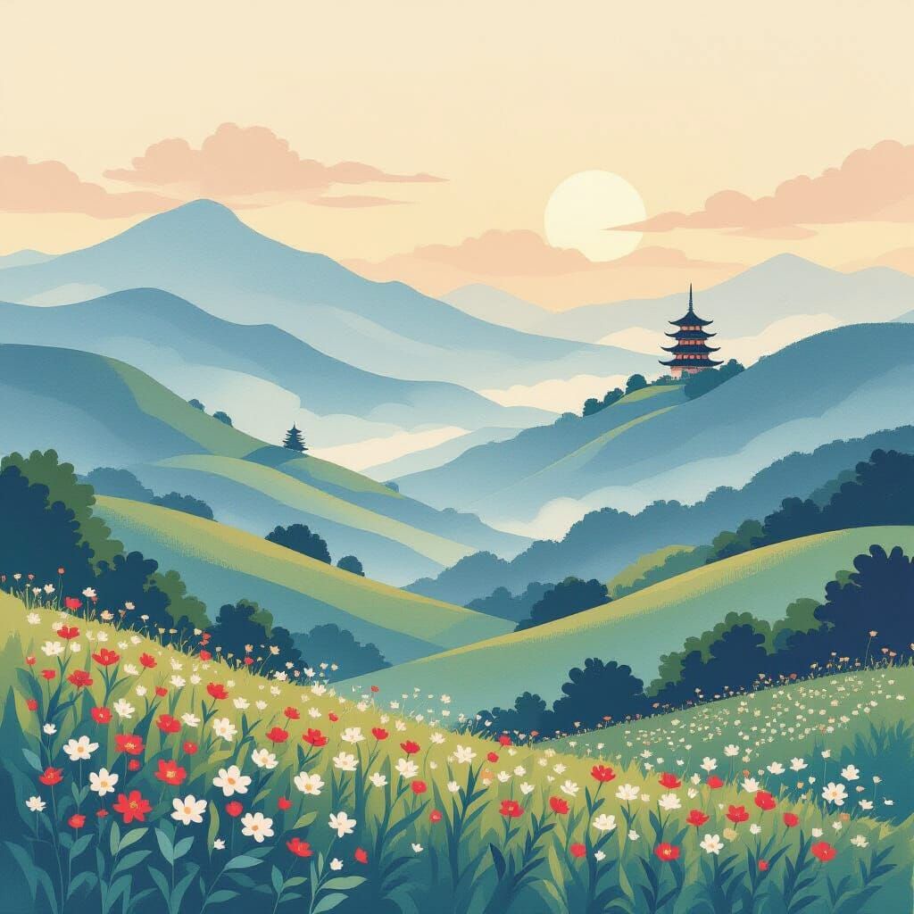 Japanese Landscape with Pagoda in Woodblock Print Style