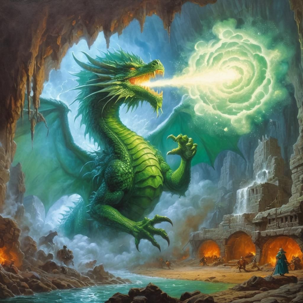 Green Dragon Unleashes Poison Gas: Classic Fantasy Art