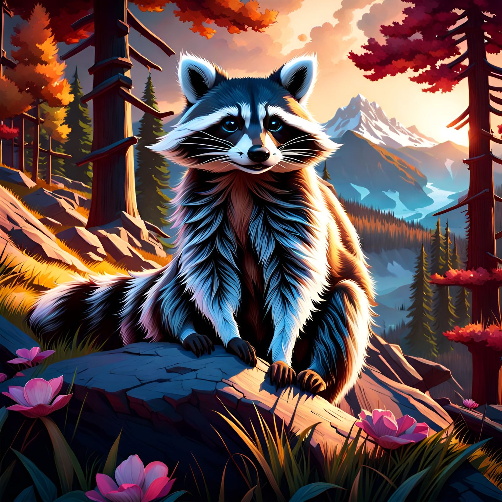 Realistic Raccoon Portrait in Mountain Landscape