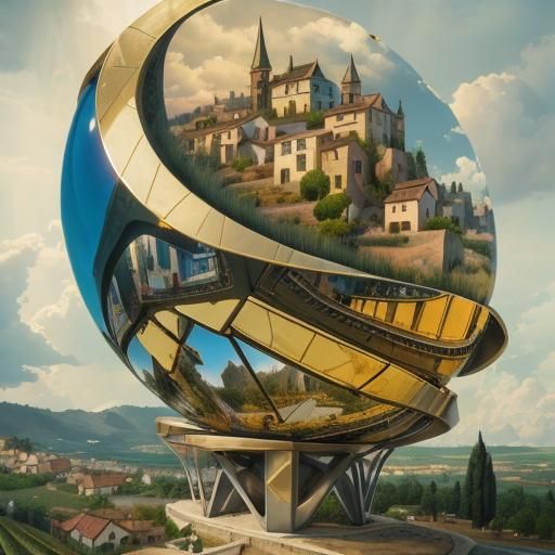 Retrofuturistic Village Nestled in Vineyards: Photorealistic...