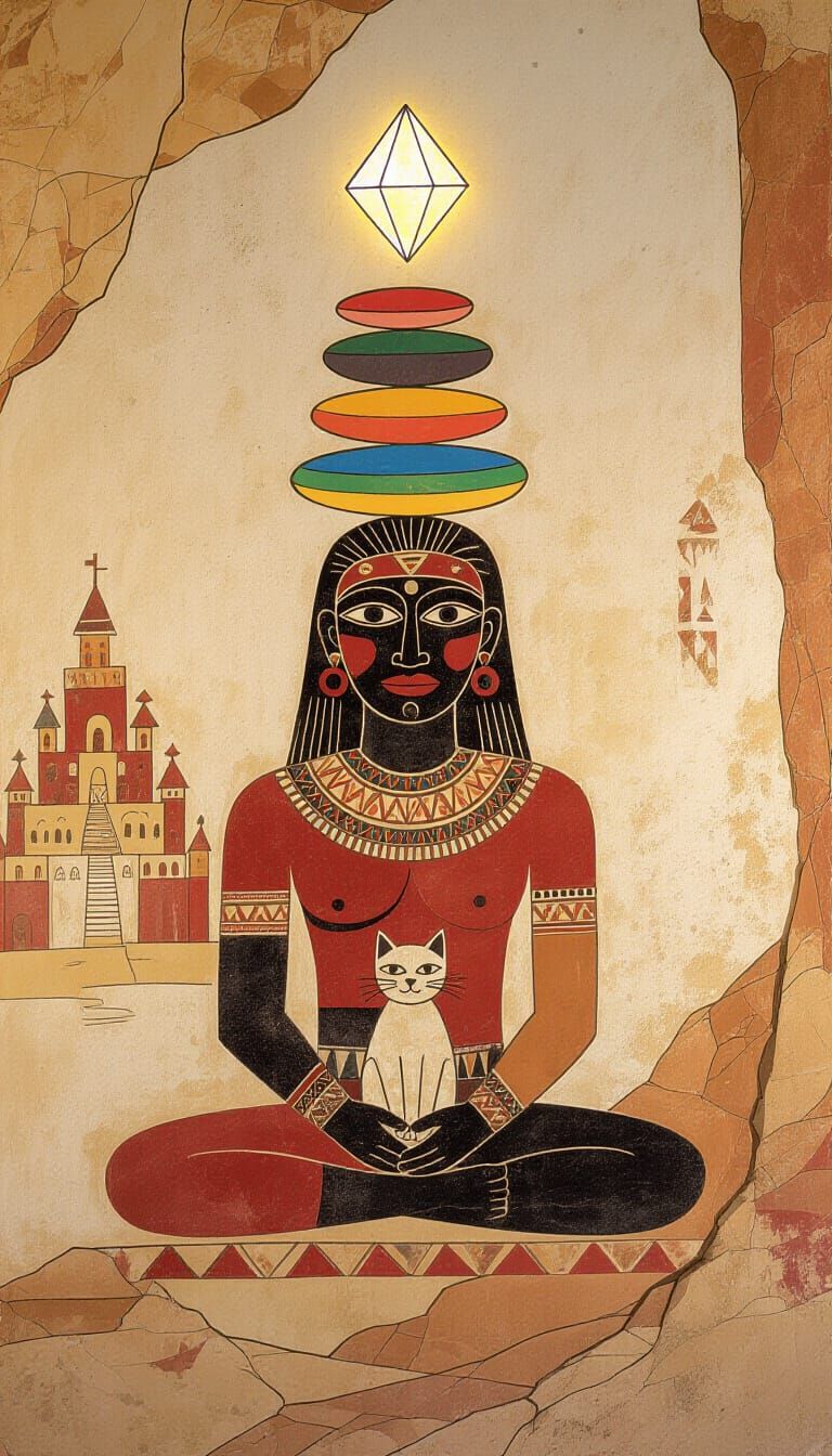 Ancient Cave Painting of Shaman and Fantasy City