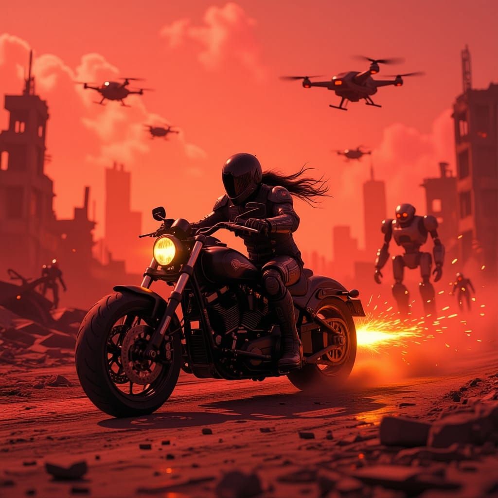 Cyberpunk Cyborg on Anti-Gravity Harley in Nuclear Wasteland