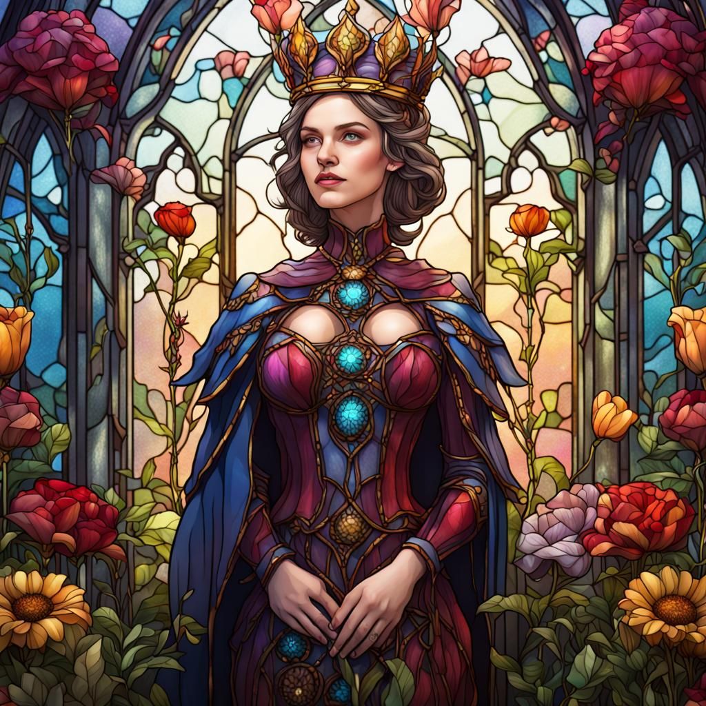 Stained Glass Queen in Flower Garden