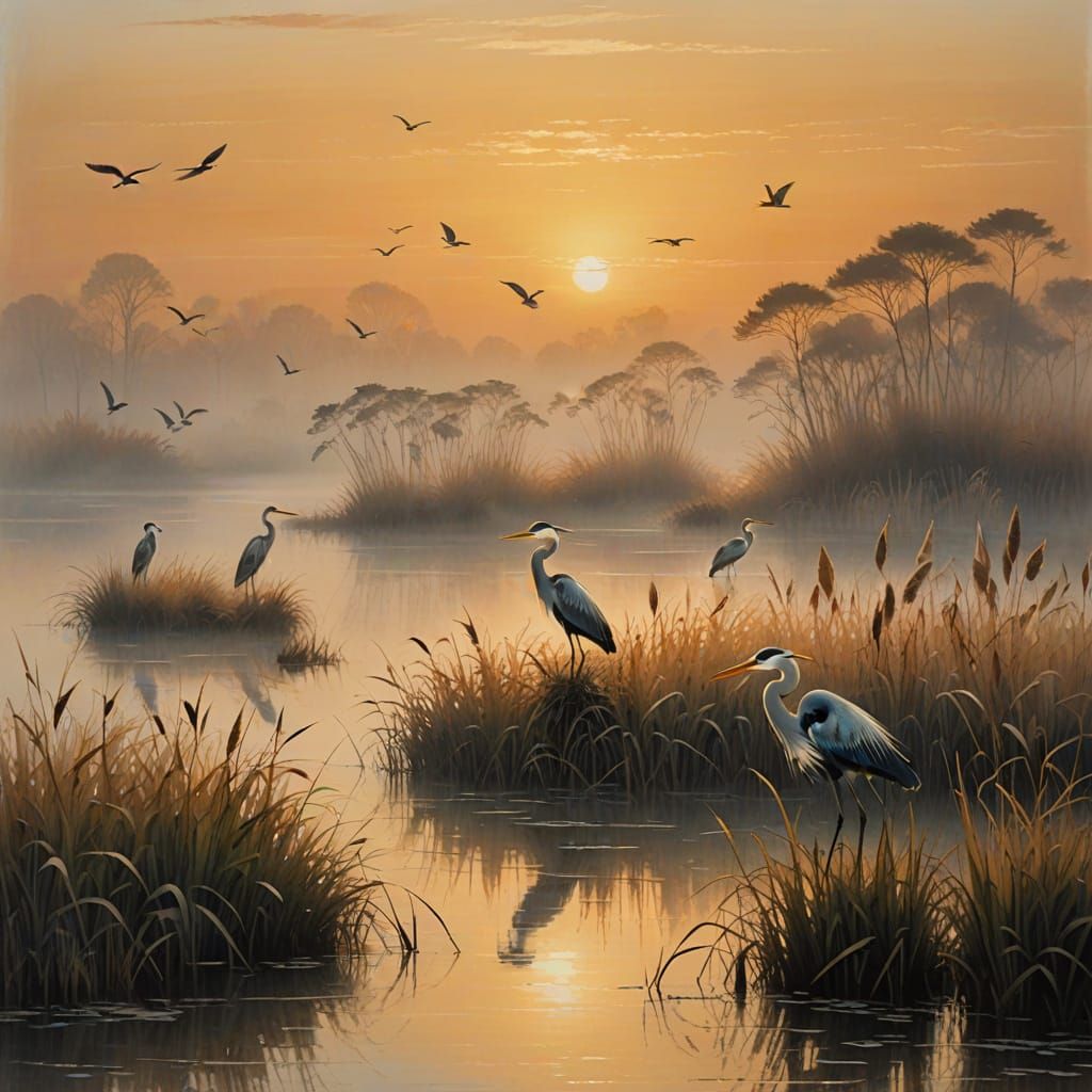 Herons Rising at Sunrise in Impressionistic Style