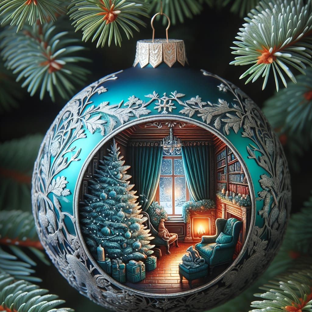 Turquoise Christmas Globe Hangs from Fir Tree with Cozy Wint...