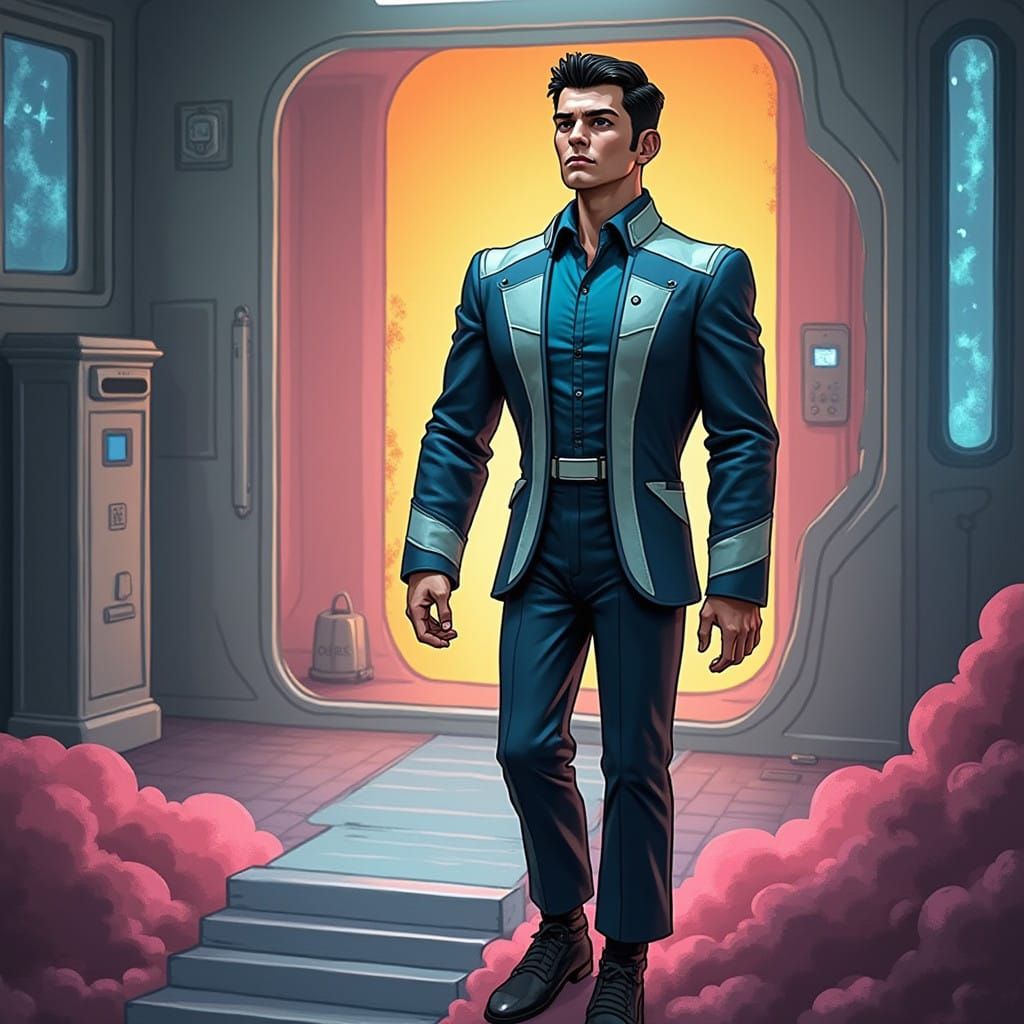 Dark Haired Cyberpunk Scott Tracy in Futuristic Attire