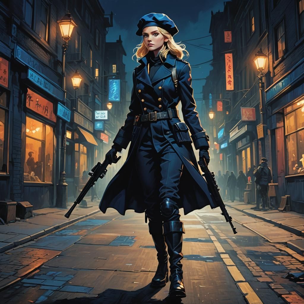 Woman Walks Dark Street in Fantasy Realism Style