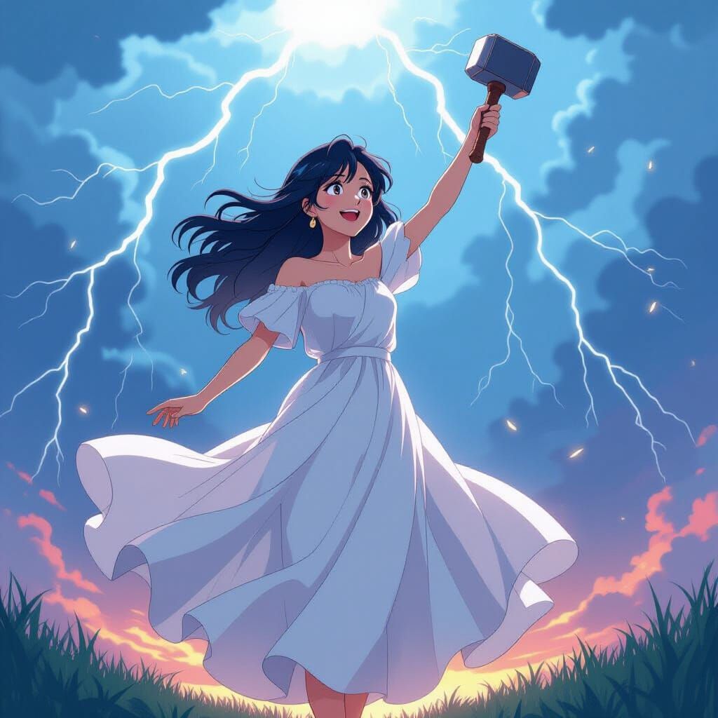 Anime Woman in Thunderstorm Heaven with Flying God