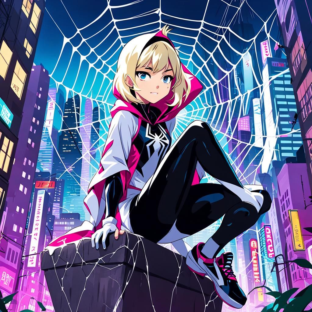 Spider-Gwen in City Web: Ghibli Anime Style