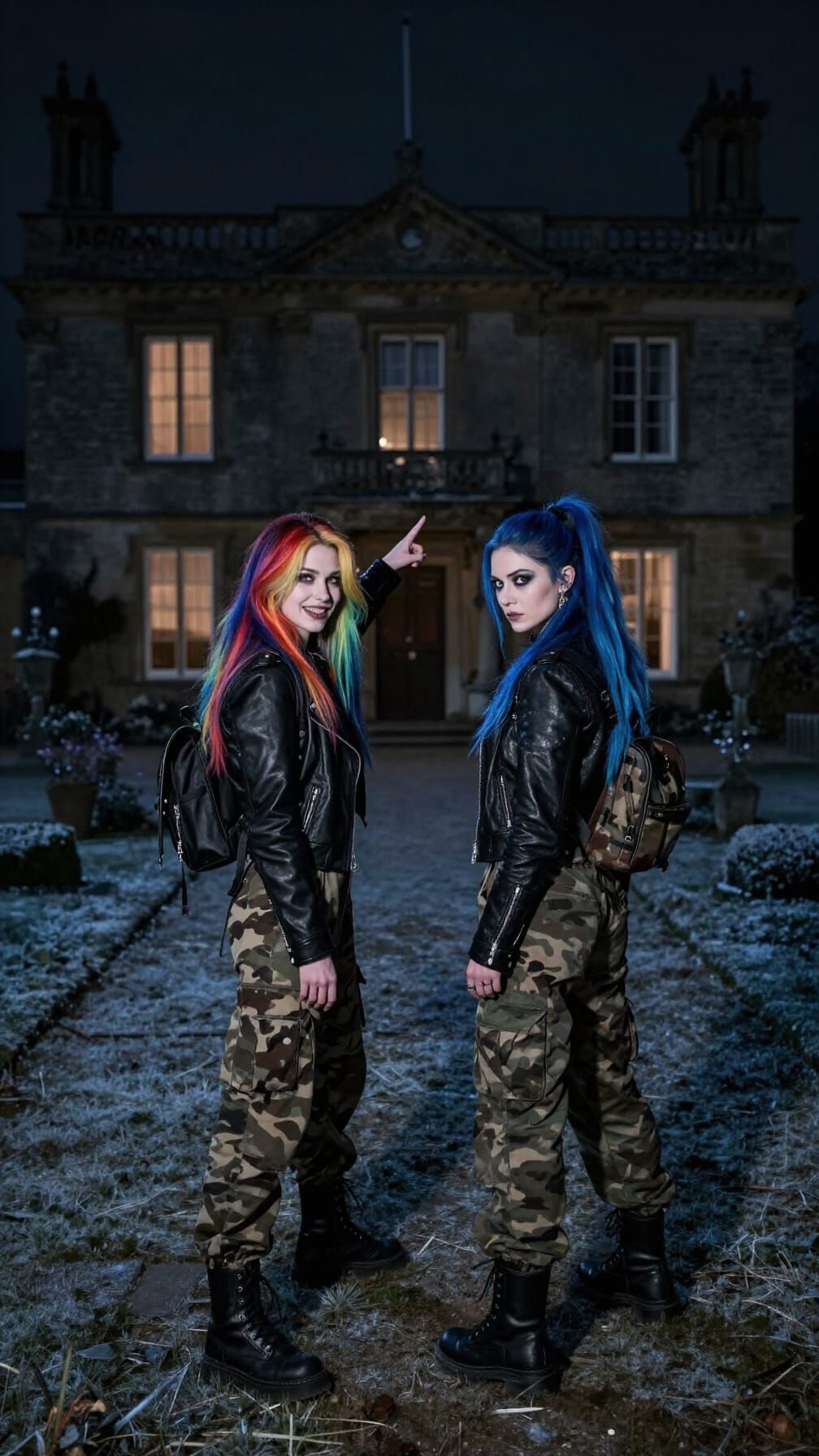 Vampiresses Patrol Frosty Mansion Garden at Night