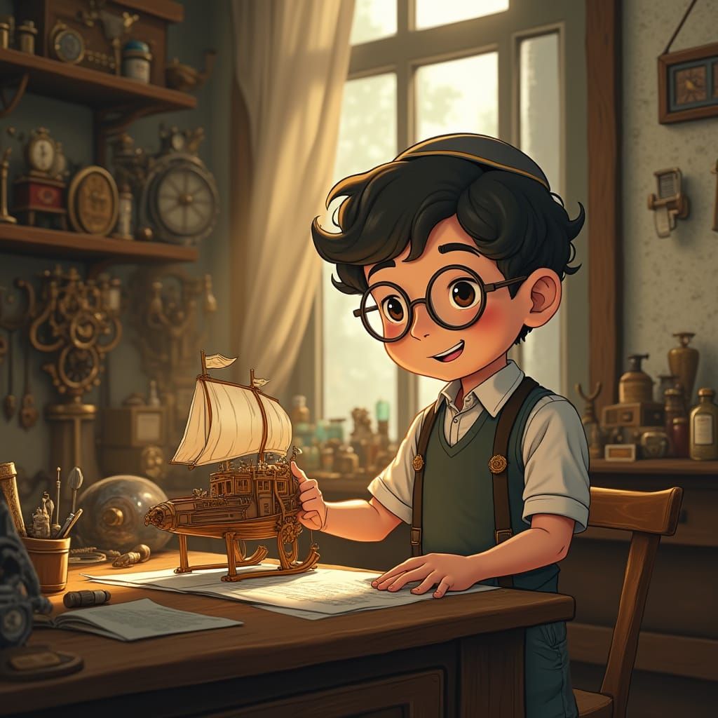 Steampunk Boy Crafts Airship in Ghibli Style