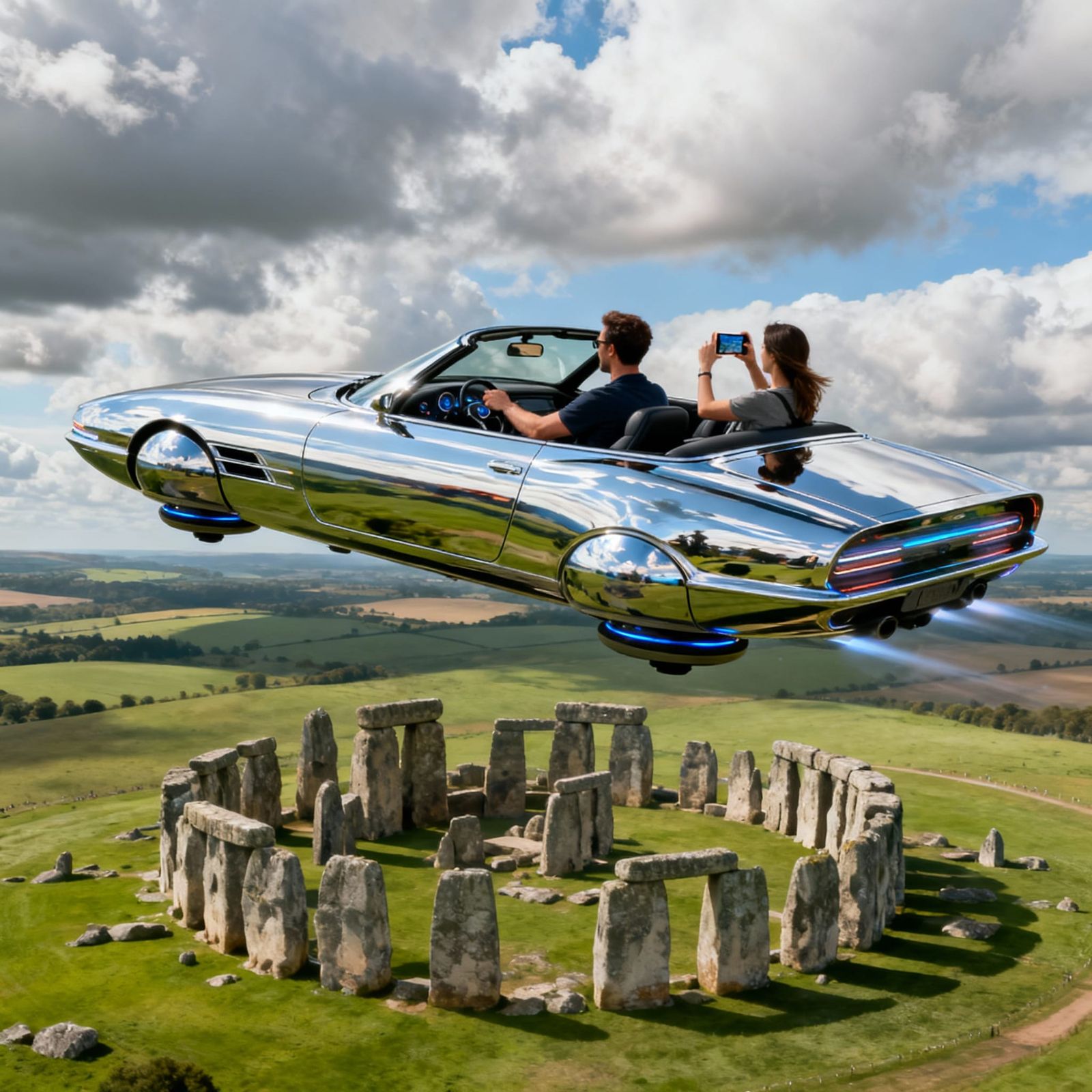 Futuristic Hovercar Tourists Photograph Stonehenge
