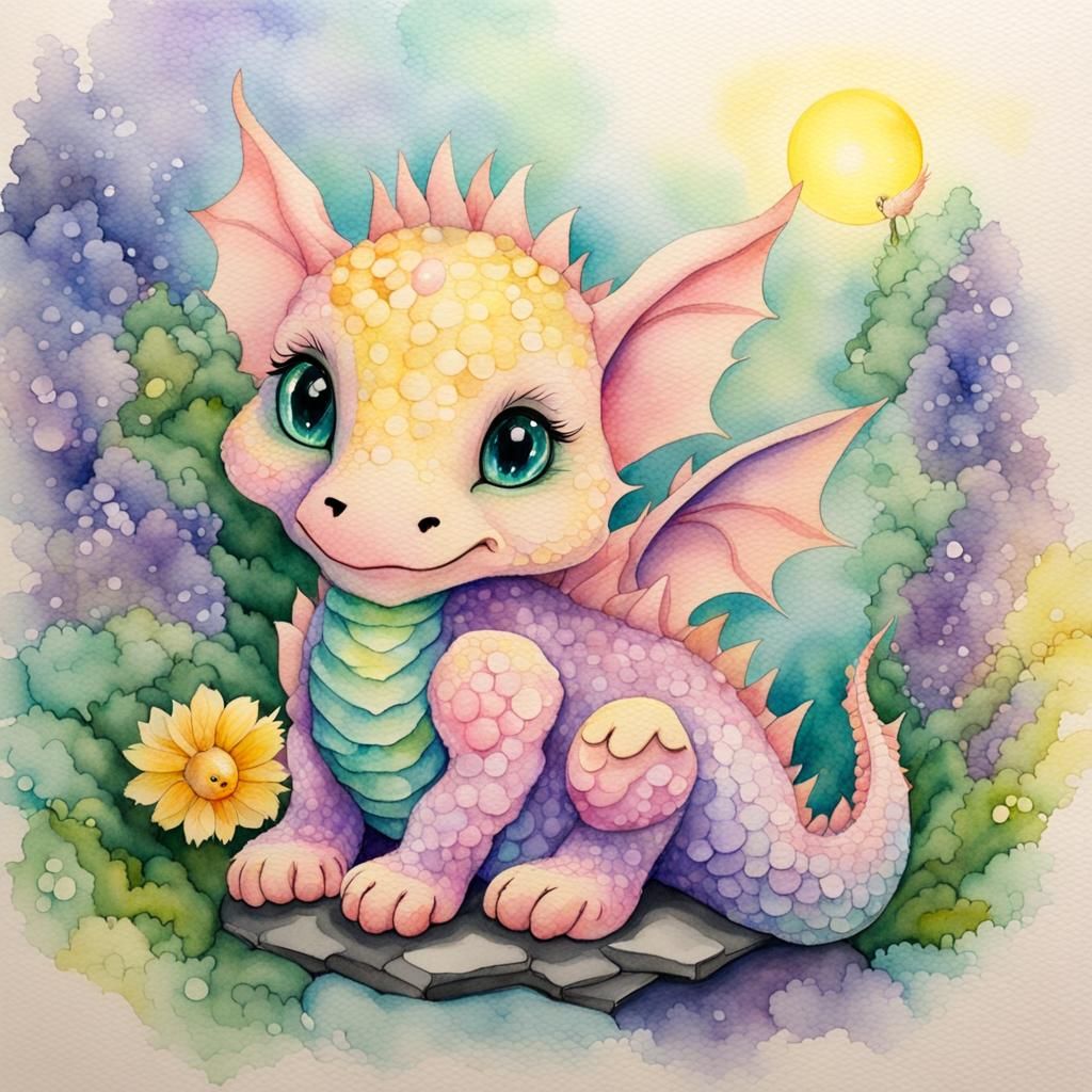 Pastel Dragon Perched on Stone: Watercolor Art