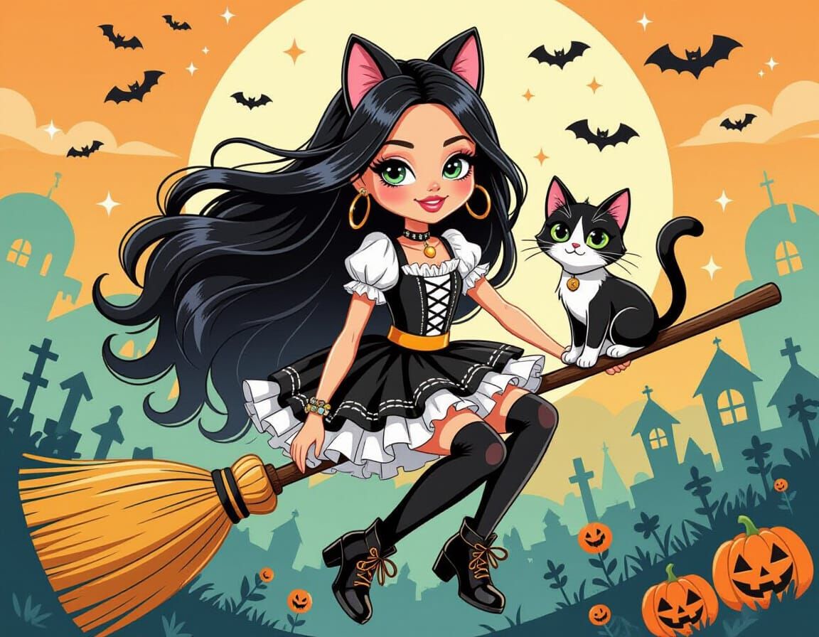 Bratz Doll Halloween Illustration with Cat on Broomstick