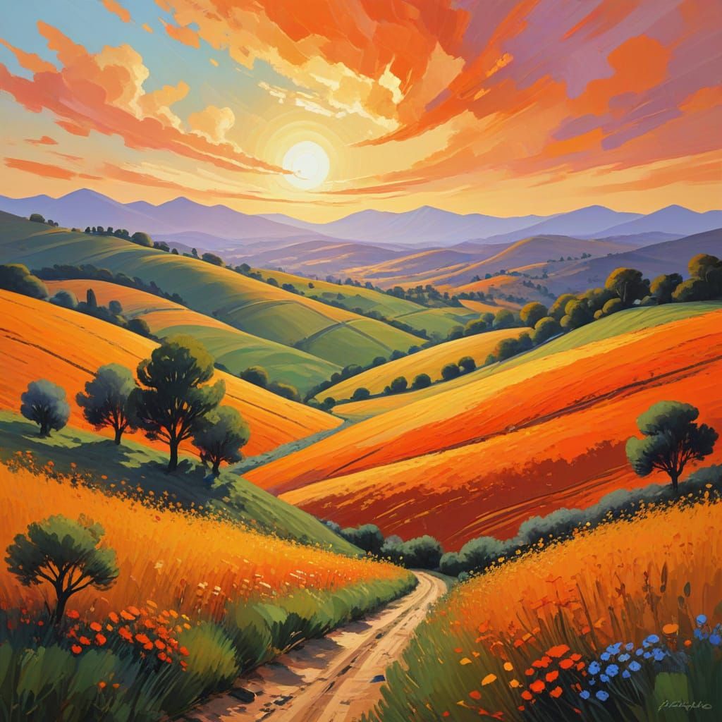 Vibrant Fauvist Landscape with Rolling Hills and Golden Ligh...