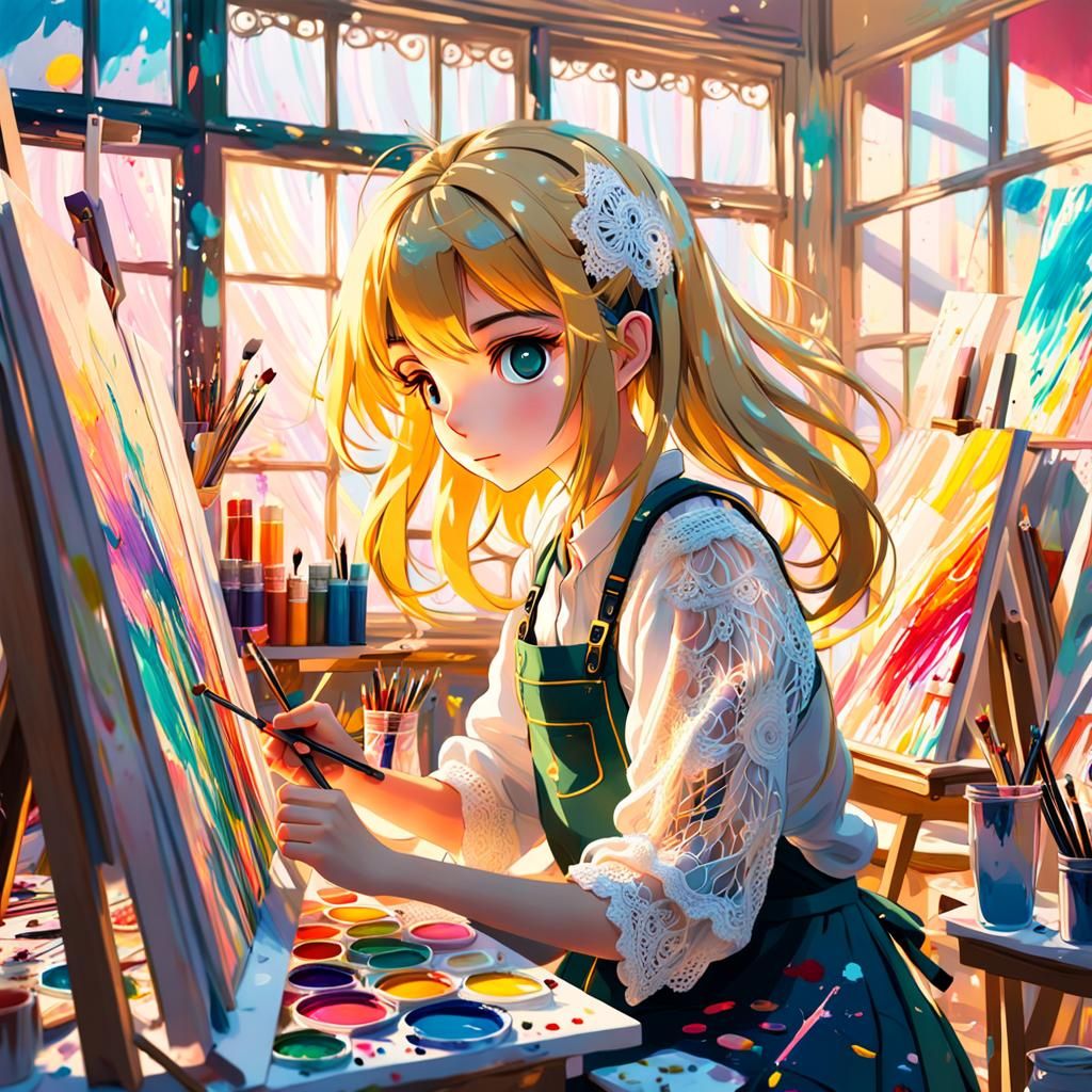 A cute anime girl painting a masterpiece
