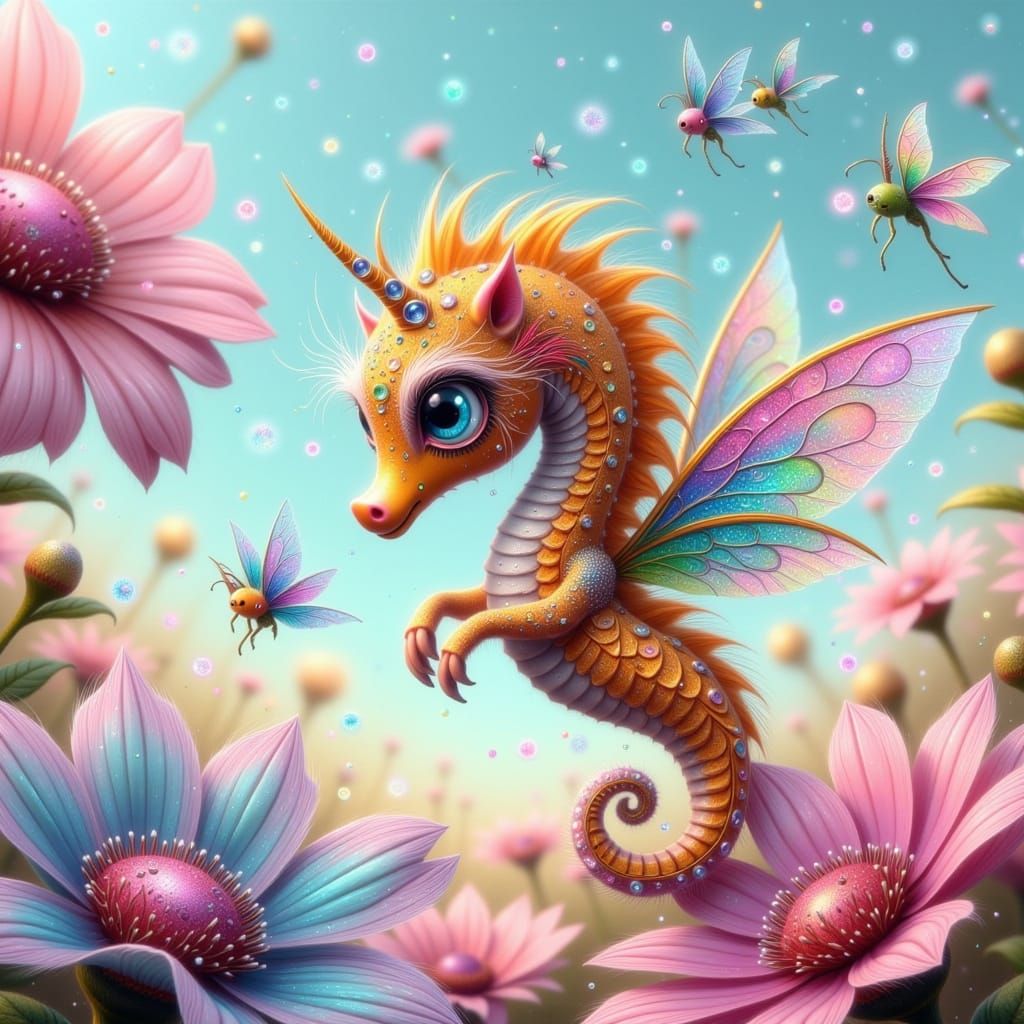 Enchanted Seahorse Whimsy in Vibrant Floral Wonderland
