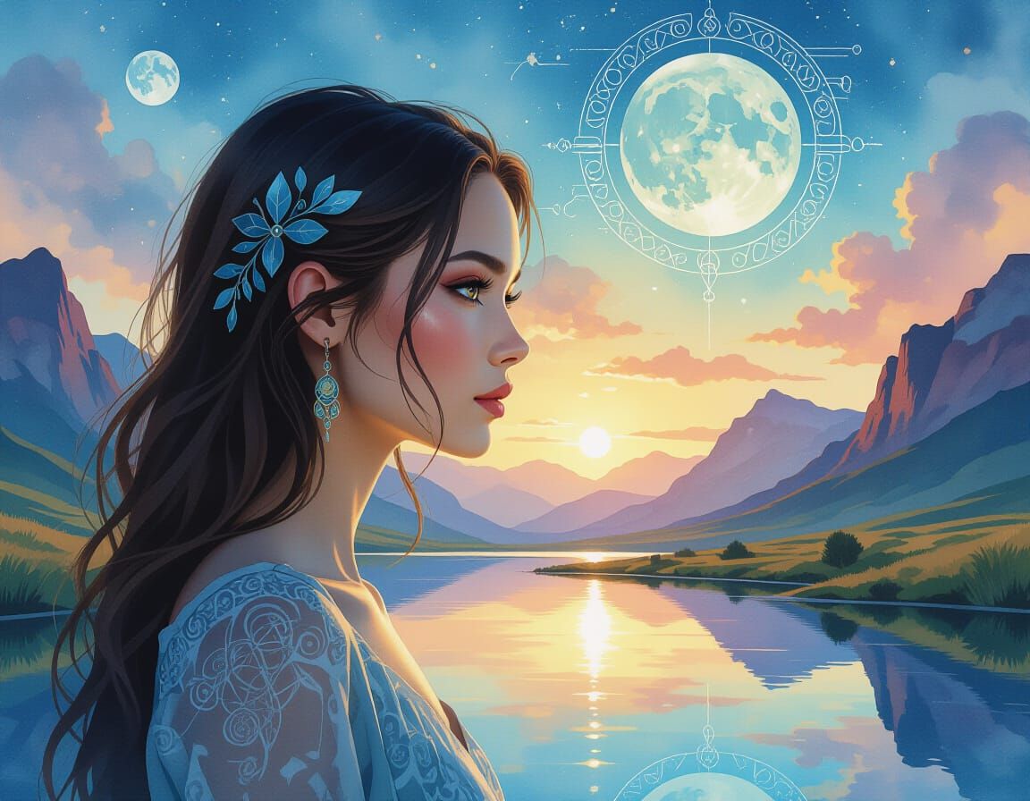 Alien Woman Portrait in Fairycore Aquarelle Painting