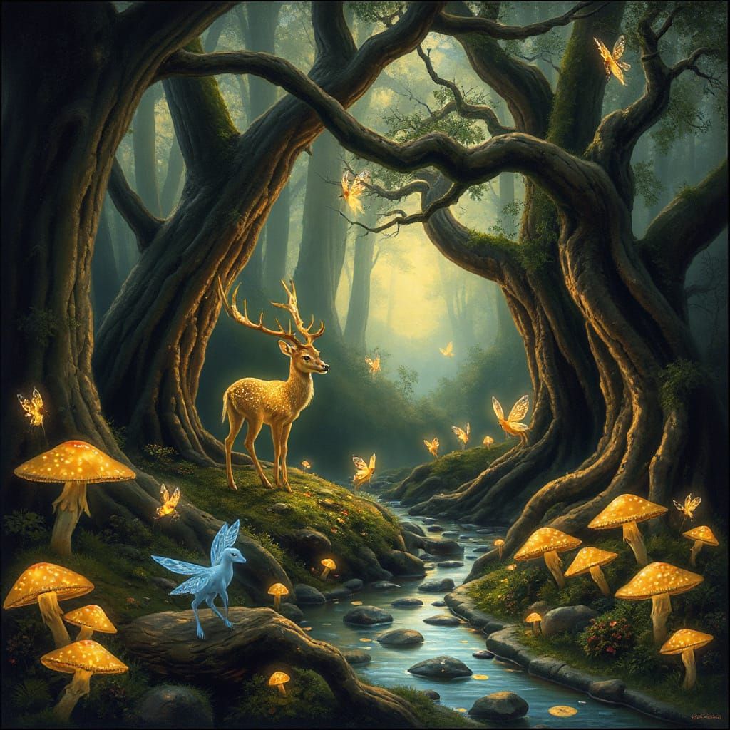Enchanting Forest Scene with Glowing Deer and Fairies
