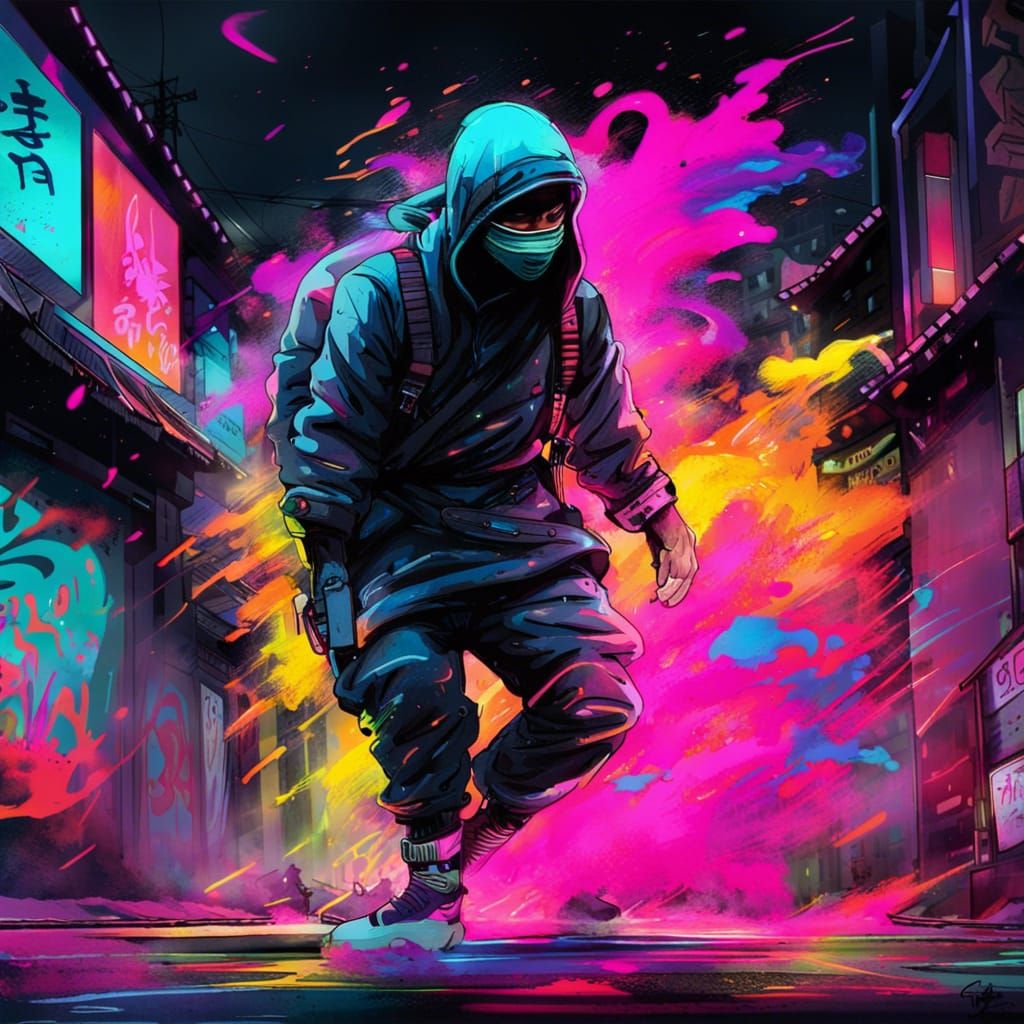 Neon Ninja Escape in Neo Tokyo Graffiti Art