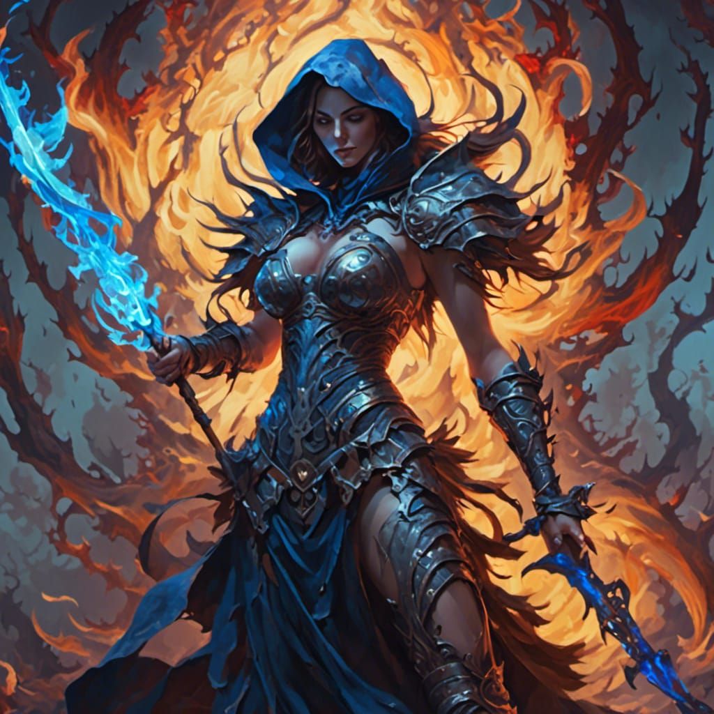 Woman Battles Lich in Fauvist Impasto Style