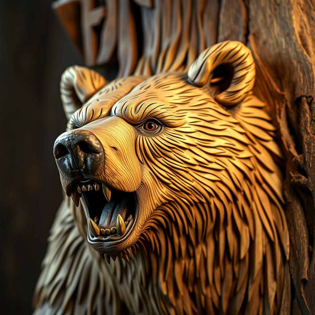 Hyperrealistic Grizzly Bear Wood Carving Splash Art