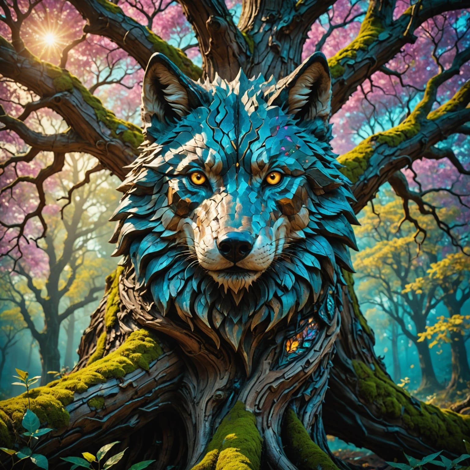 Wolf Face Carved in Tree in Surreal Forest