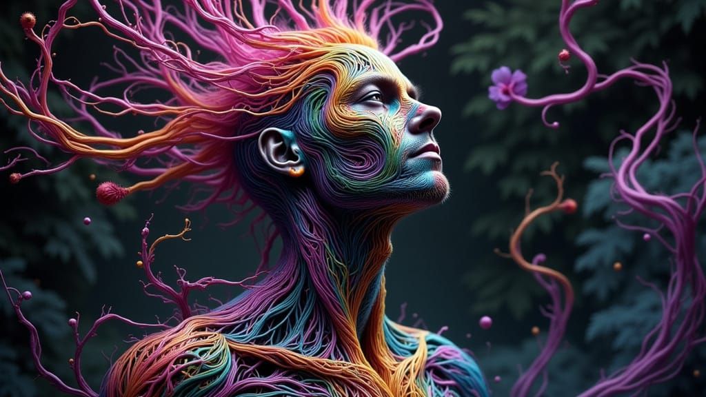 Biomechanical Fractal Android with Rainbow Moss, Hyperdetail...