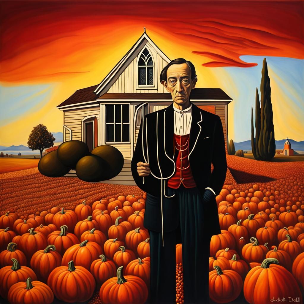 Surreal Autumn Harvest in American Gothic Style