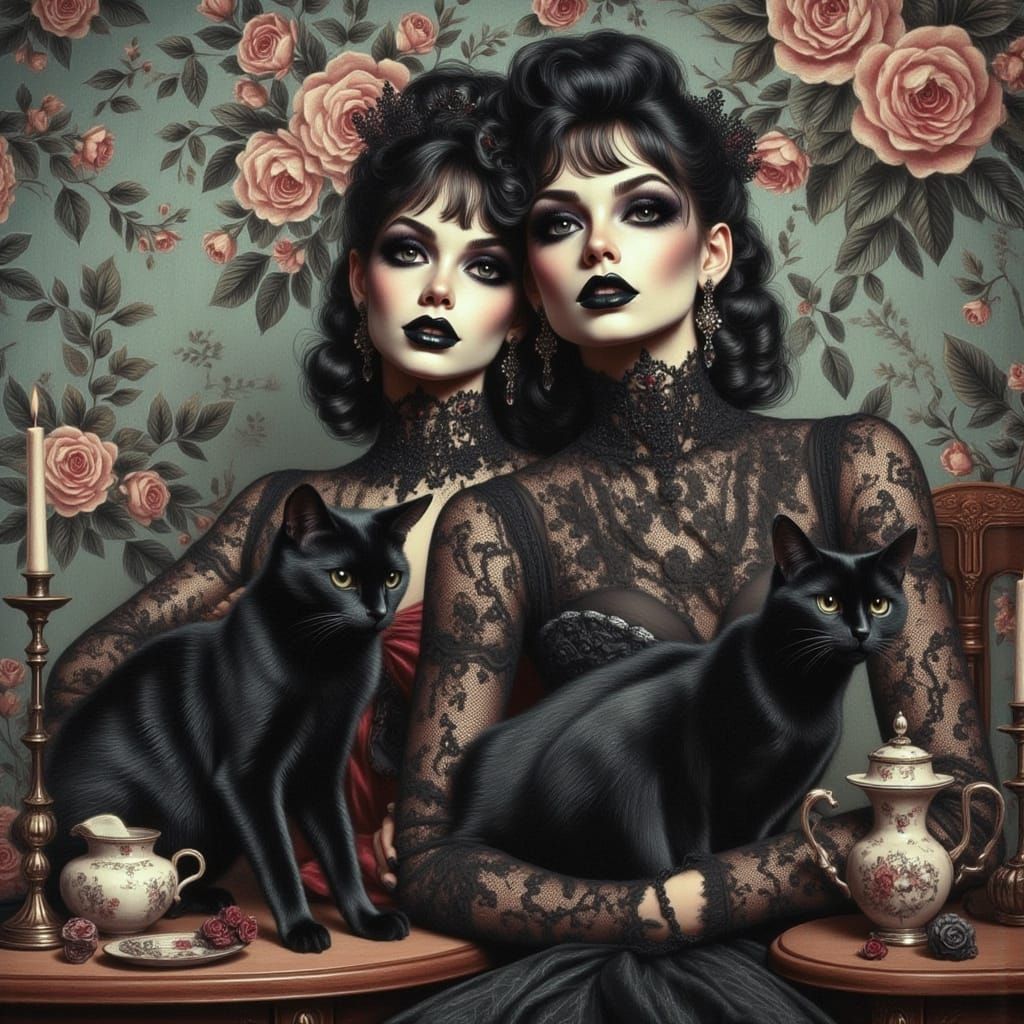 Gothic Woman with Black Cat in Detailed Illustration