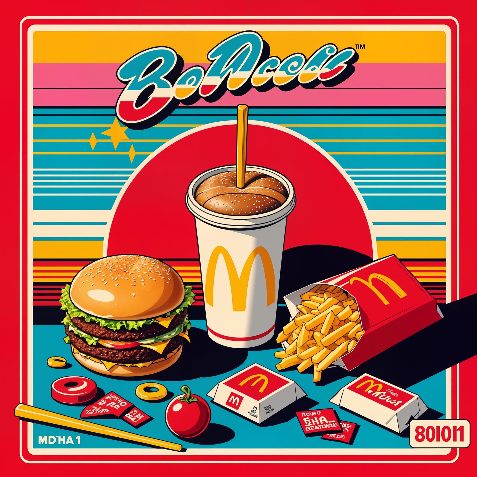 Retro 80s McDonald's Food in Anime-Inspired Art Deco Style