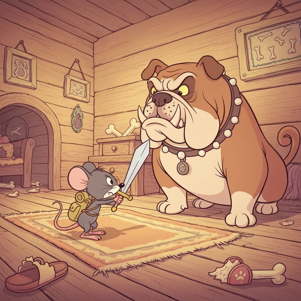 Brave Mouse Confronts Bulldog in Cartoon Doghouse