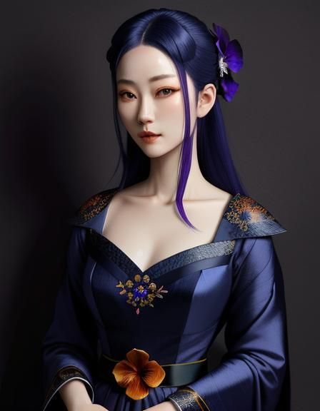 Indigo Woman Portrait with Porcelain Skin and Hibiscus