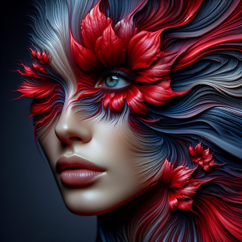 Surreal Portrait: Woman with Red Petal Eyes