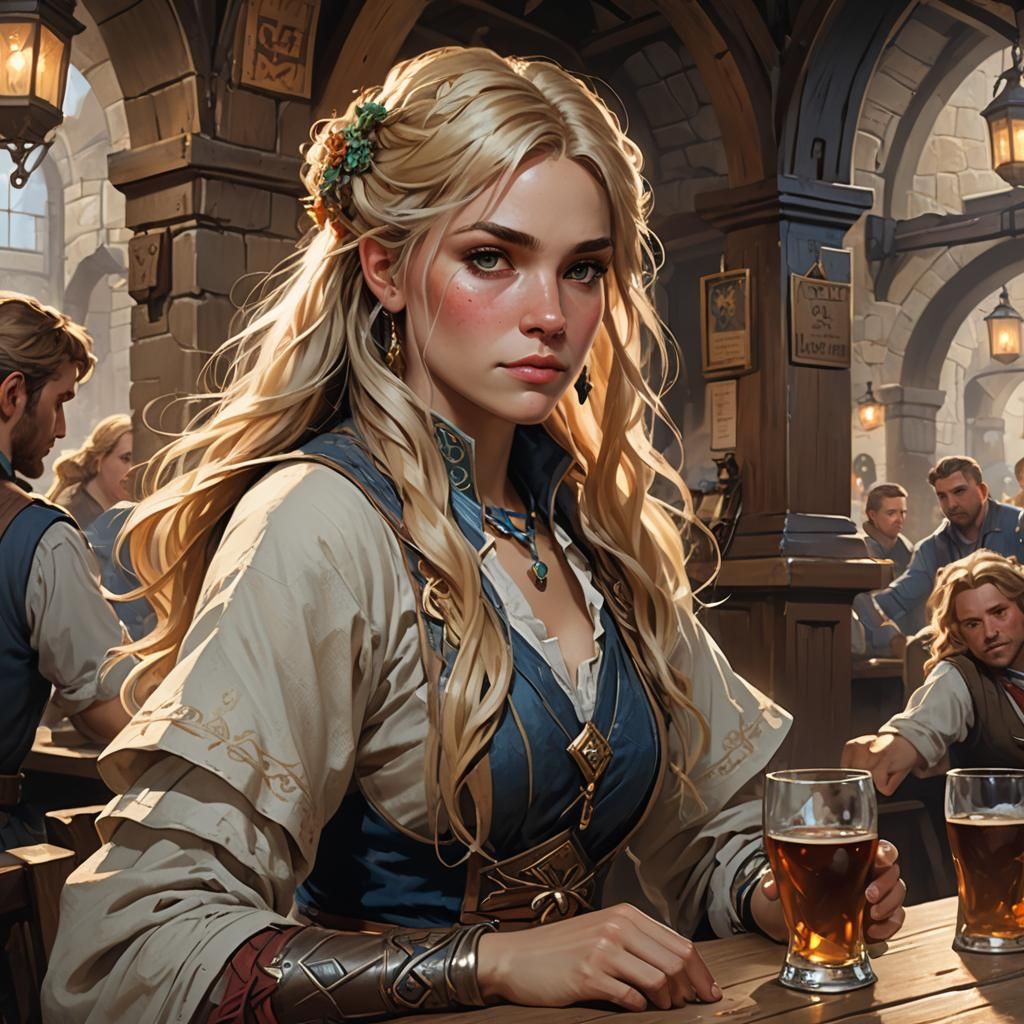 Blonde Woman in Tavern: Digital Concept Art Portrait