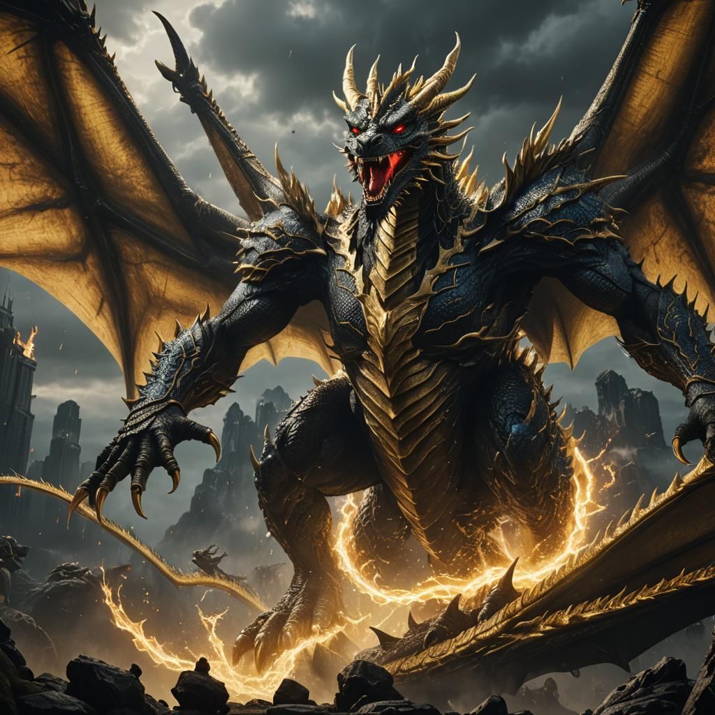 King Ghidorah with Dramatic Lighting, Detailed Matte Paintin...