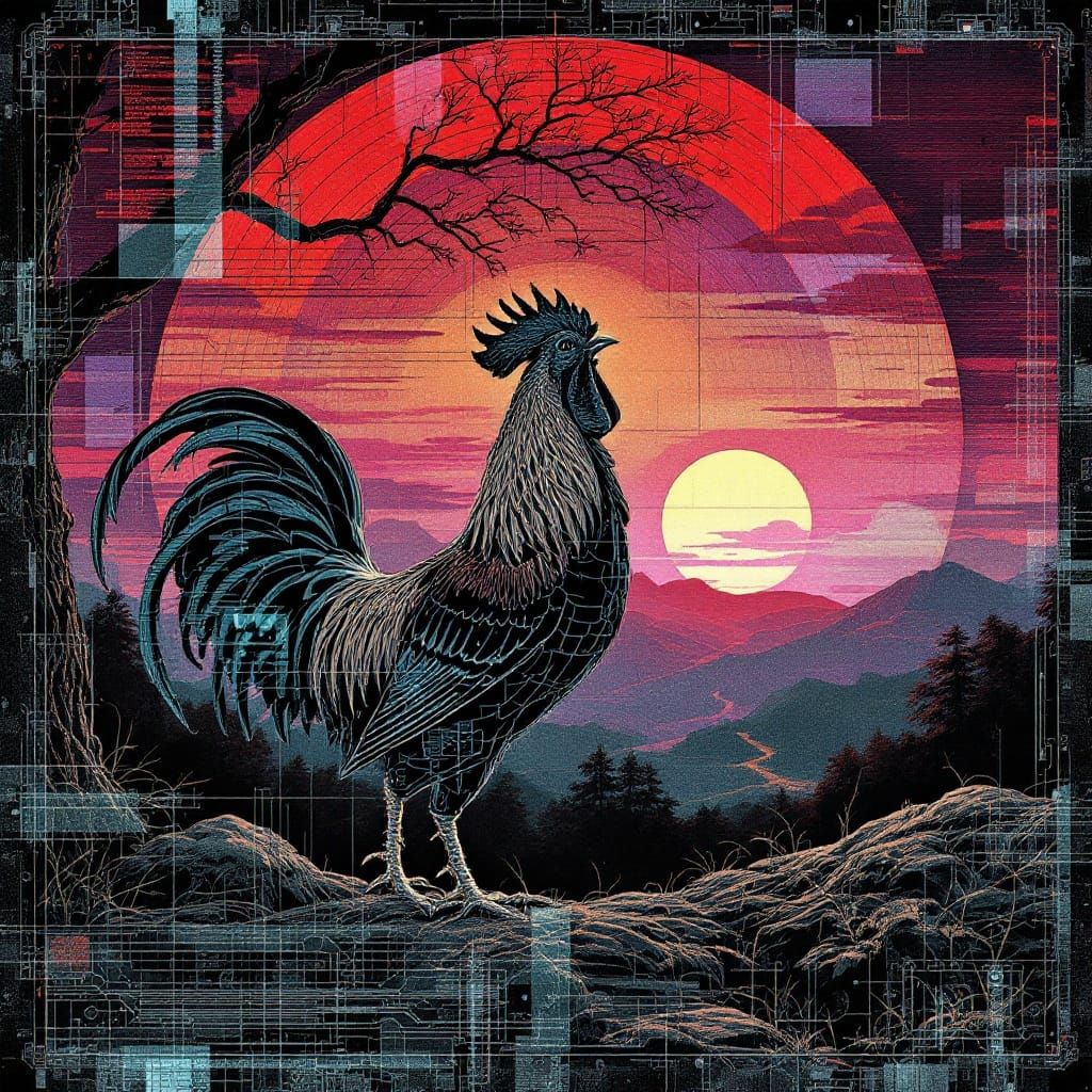 Rooster in Glitched Northern Renaissance Style