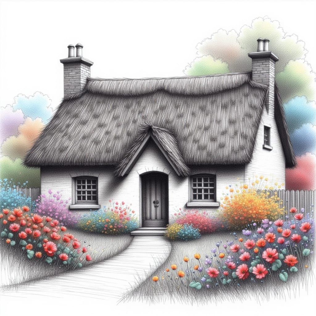 Irish Cottage Garden Color Pencil Drawing