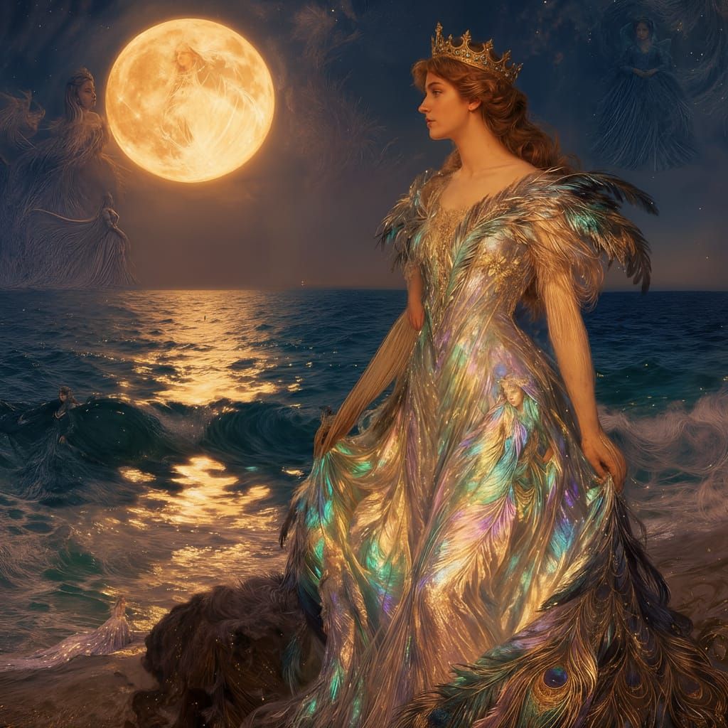 Regal Queen in Feather Gown Under Harvest Moon