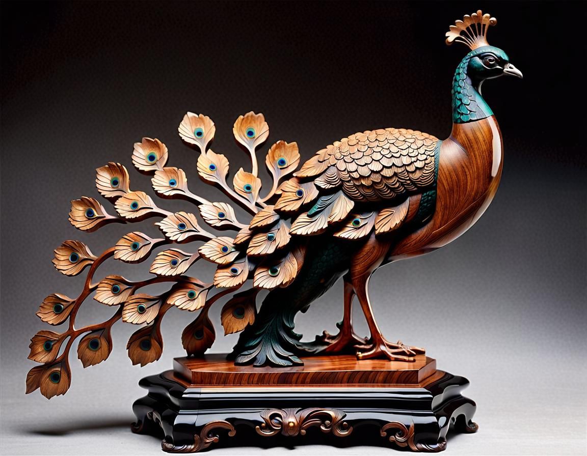 Ornate Wood Carving of a Detailed Peacock