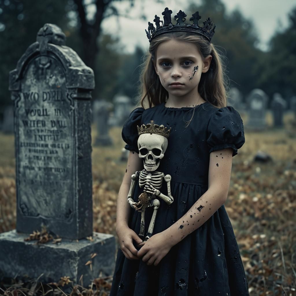 Eerie Gothic Child with Voodoo Doll in Cemetery