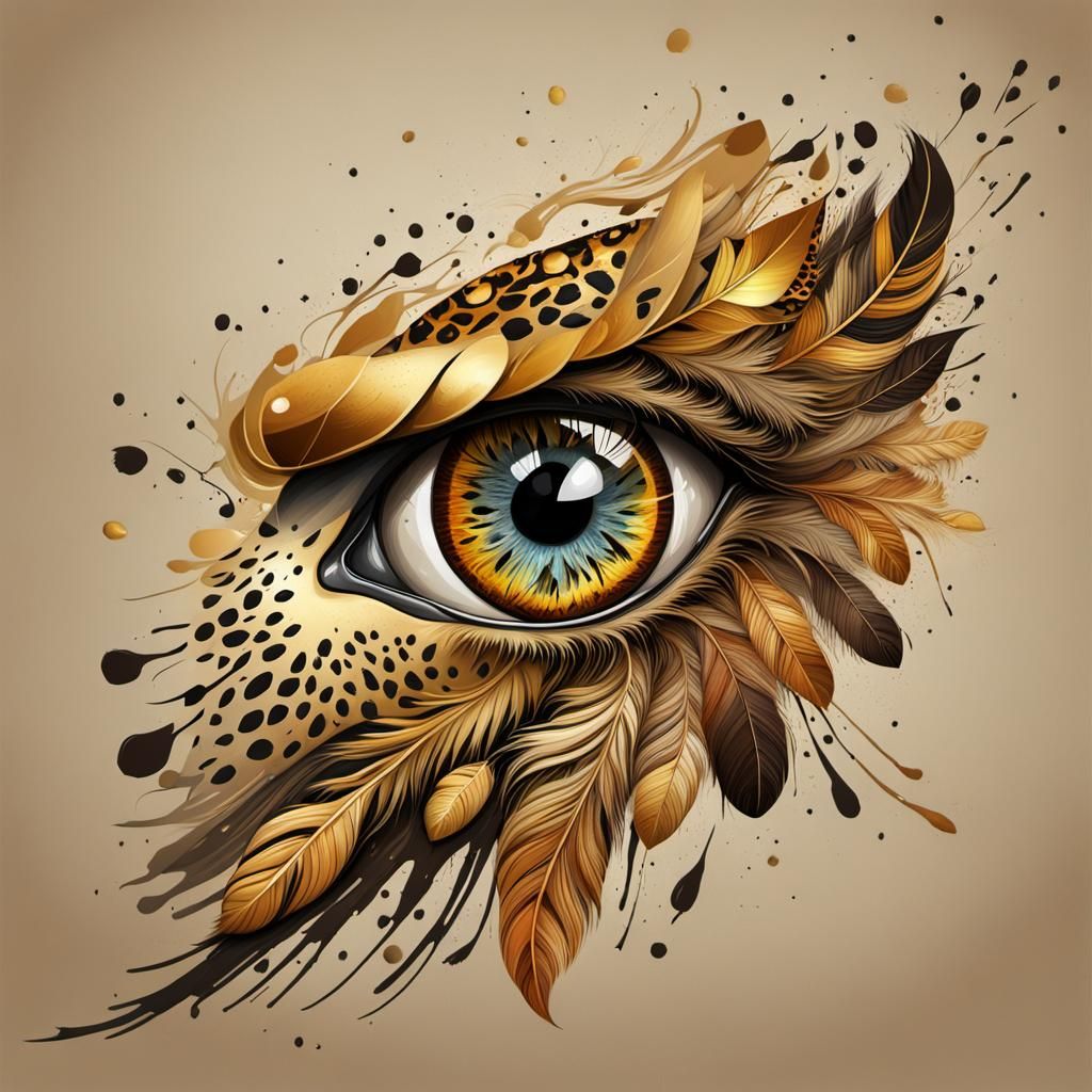 Abstract Leopard Eye with Feathers and Gold Accents